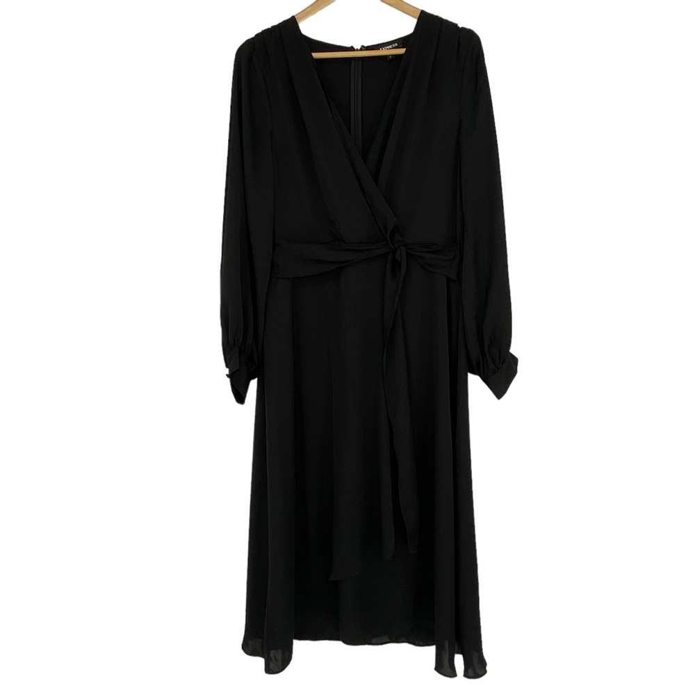 EXPRESS black satin silky long sleeve belted wrap maxi dress, Sz Large